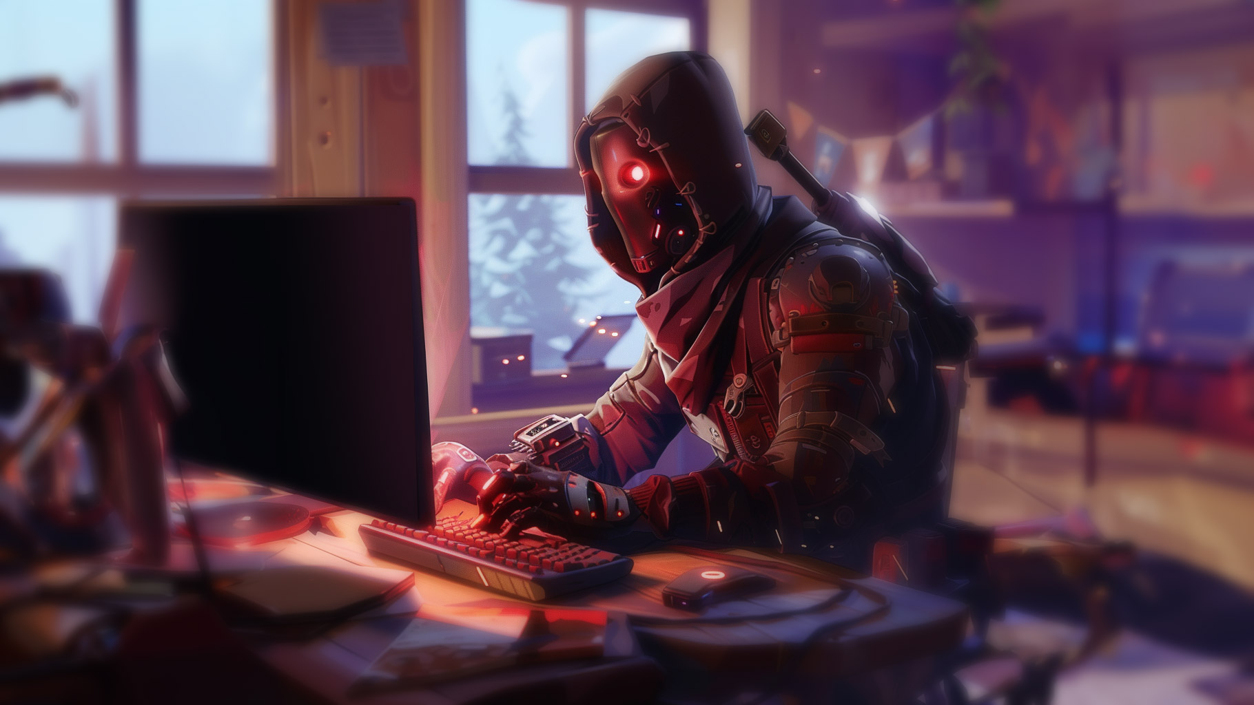 Futuristic soldier using computer in cozy room.